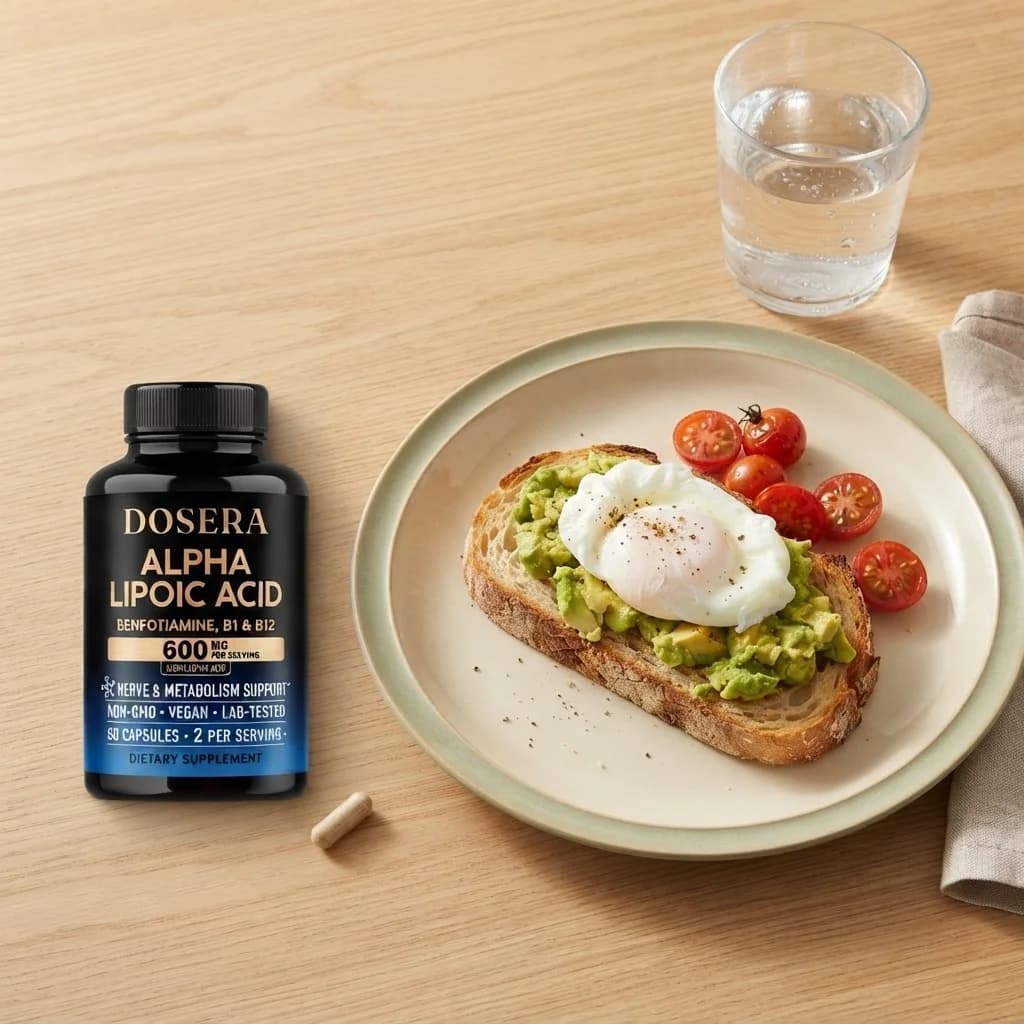 A breakfast plate with a glass of water and one Alpha-Lipoic Acid capsule beside it