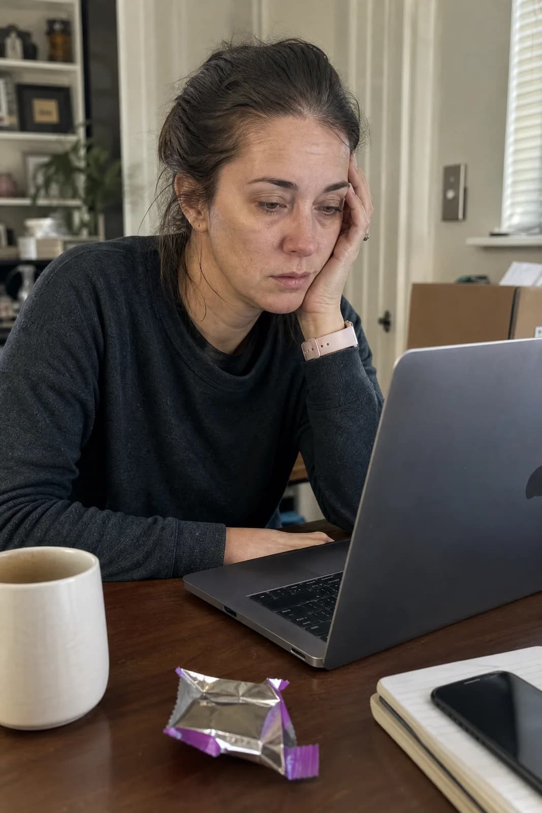 A tired woman at her office desk mid-afternoon with an empty snack wrapper beside her laptop