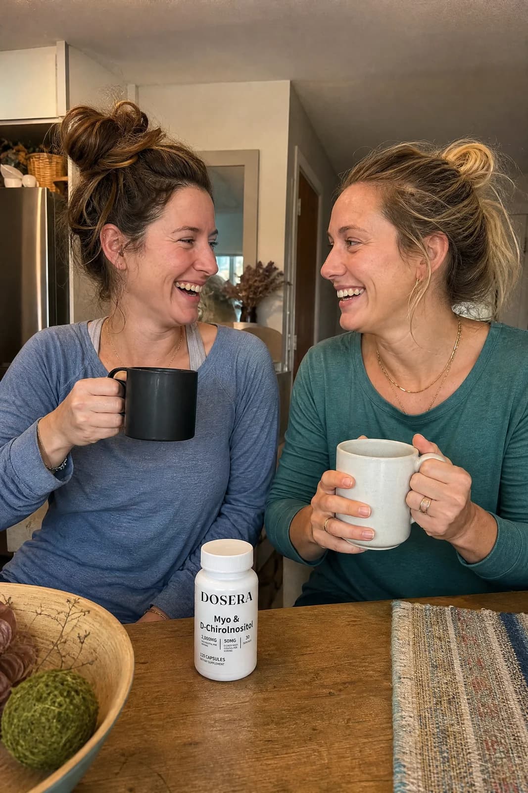 Two women in their thirties laughing on a morning walk with coffee cups