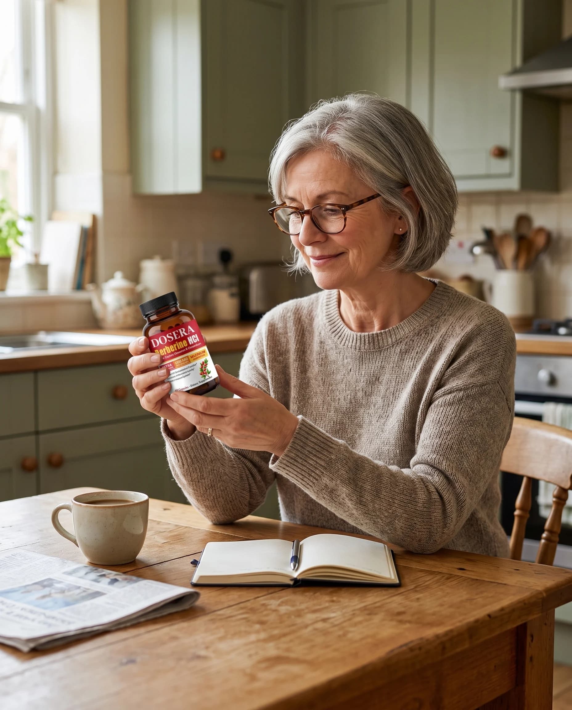 A woman in her late fifties at her kitchen table, reading glasses on, reading the front of a Dosera Berberine bottle